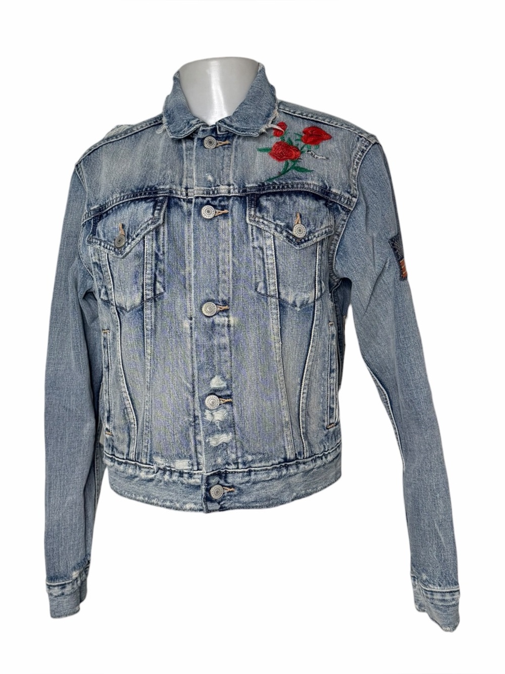 NWT Polo Ralph Lauren Distressed Denim Jacket Rose Embroidered Flag Patch Small - Picture 2 of 12